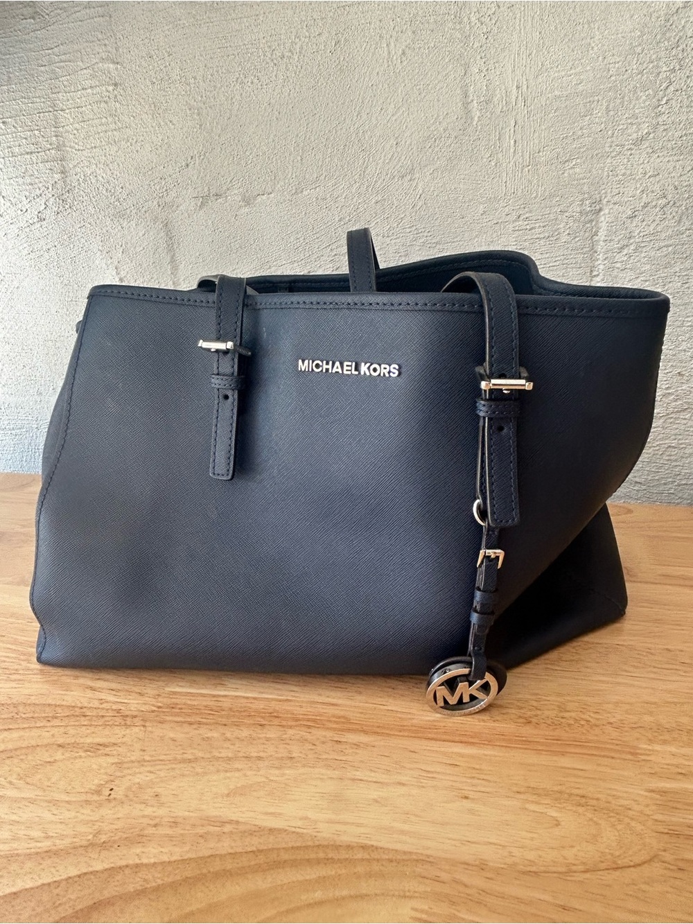 Michael Kors Navy Blue Saffiano Leather Tote with MK Charm.
